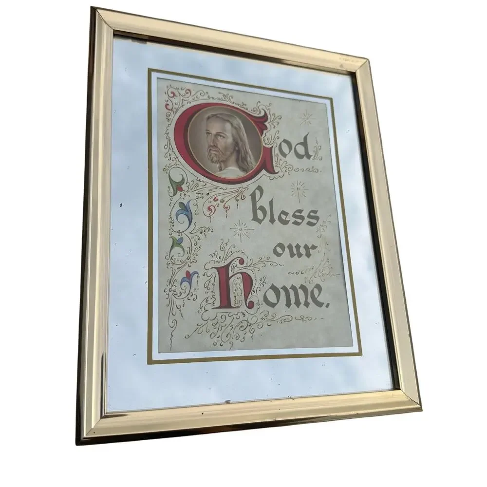 Vintage Framed God Bless Our Home Mirrored Art Print Wall Hanging Decor Jesus